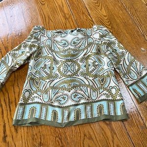 J. Crew green/aqua silk blouse. Bell sleeves, square neck, back zipper.  Size 4.